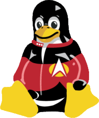 Tux, the Linux penguin, wearing a red Star Fleet shirt