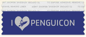 a blue flat ribbon with silver "I (heart) Penguicon" for text.