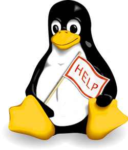 Linux mascot, Tux, holding a help sign